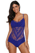 Blue crochet lace halter straps one-piece swimsuit for women by Lavender Pallas, featuring intricate lace details and a flattering fit.