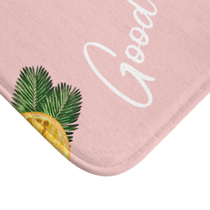Yellow Pandora Good Vibes lemon-themed bathroom bath mat with textured surface and vibrant yellow color.