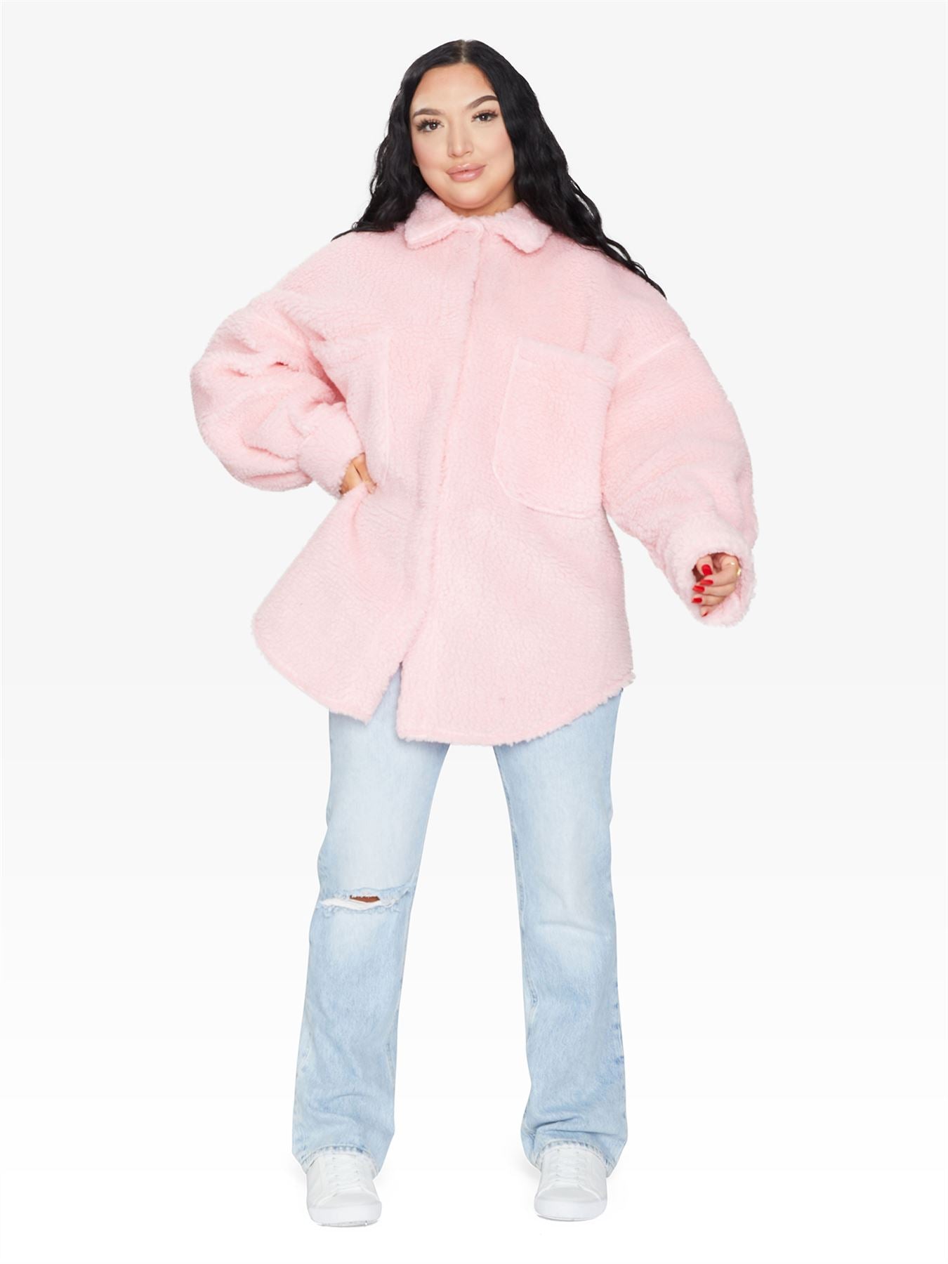 Rose Eleusis oversized patch pocket borg teddy shacket featuring cozy fleece material and relaxed fit, ideal for casual layering.