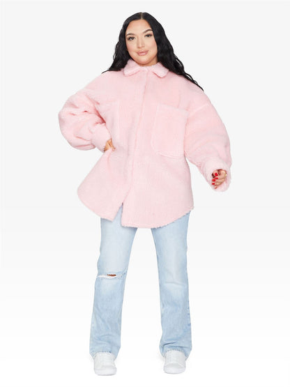 Rose Eleusis oversized patch pocket borg teddy shacket featuring cozy fleece material and relaxed fit, ideal for casual layering.
