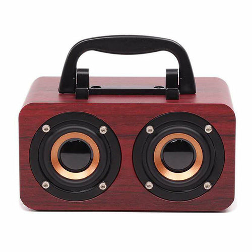 Maroon Asteria wooden wireless Bluetooth speaker for outdoor use, showing the compact portable design and natural wood finish.