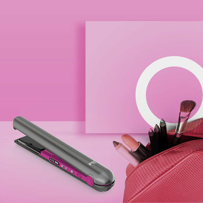 Maroon Asteria USB wireless charging hair straightener with sleek black design and ceramic plates for salon-quality styling.