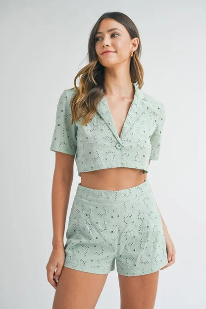 Pear Daisy MABLE eyelet short sleeve crop top and shorts set, casual home wear with stylish eyelet design, perfect for relaxed summer days