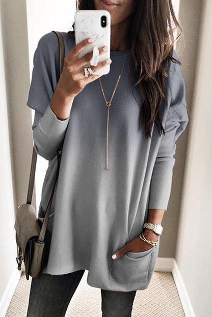 Gray color block pocketed side long top from Harlequin Daisy, featuring a relaxed fit and stylish design for bath and beauty.