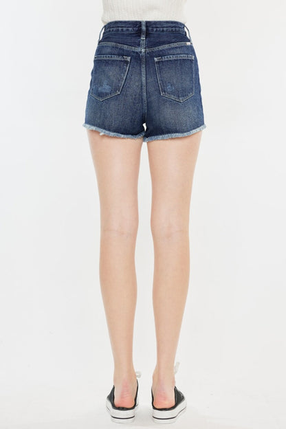 Jade Icarus Kancan Raw Hem Button Fly Denim Shorts for women, featuring distressed raw hem and classic button fly design.