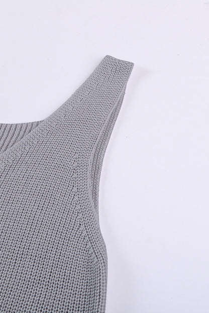 Gray crisscross hollow-out knit tank top for women by Lavender Pallas, featuring a stylish open-knit design and sleeveless fit.