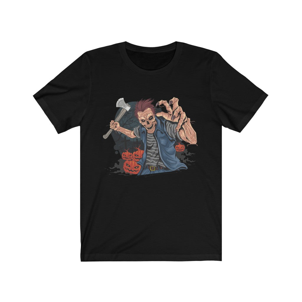Halloween Pumpkin Hunter T-shirt by Plum Charlie featuring a spooky pumpkin design on a black cotton shirt.