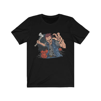 Halloween Pumpkin Hunter T-shirt by Plum Charlie featuring a spooky pumpkin design on a black cotton shirt.