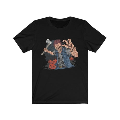 Plum Charlie Halloween Pumpkin Hunter T-shirt featuring a spooky pumpkin illustration on black cotton fabric.