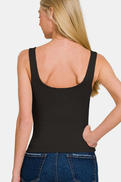 Jade Icarus Zenana double layer round neck tank top for women, showing the layered fabric and round neckline design.
