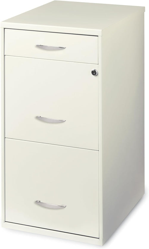 Pearl white Hirsh 18-inch deep 3-drawer metal file cabinet by Peach Maple, featuring sleek metal handles and a sturdy design.