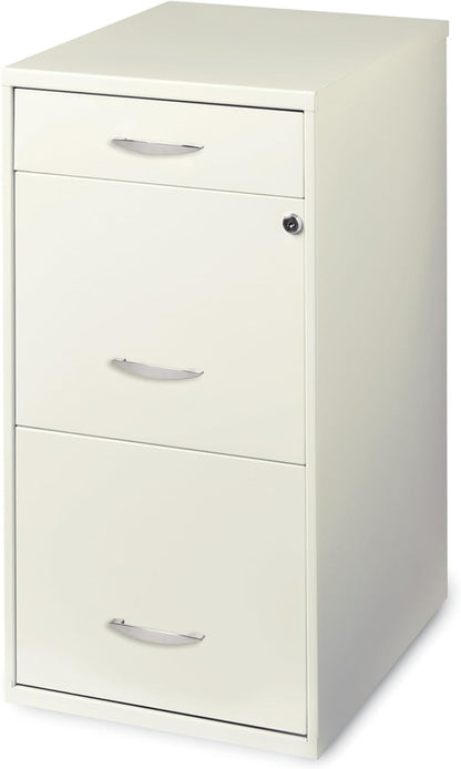 Pearl white Hirsh 18-inch deep 3-drawer metal file cabinet by Peach Maple, featuring sleek metal handles and a sturdy design.
