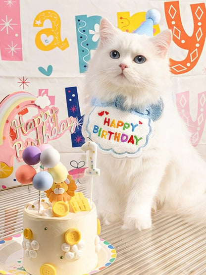 Cute 7-piece pet birthday hat and scarf set from Pear Daisy, including colorful hats and matching scarves for pets.