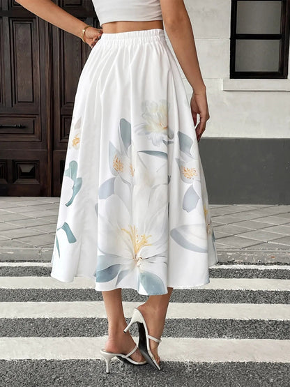 Floral print midi skirt by Ruby Styx for women, featuring a flowy design with colorful flower patterns.