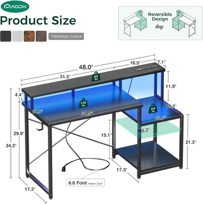 48-inch LED gaming desk by Peach Maple featuring built-in power outlet, shelves, and modern furniture design.