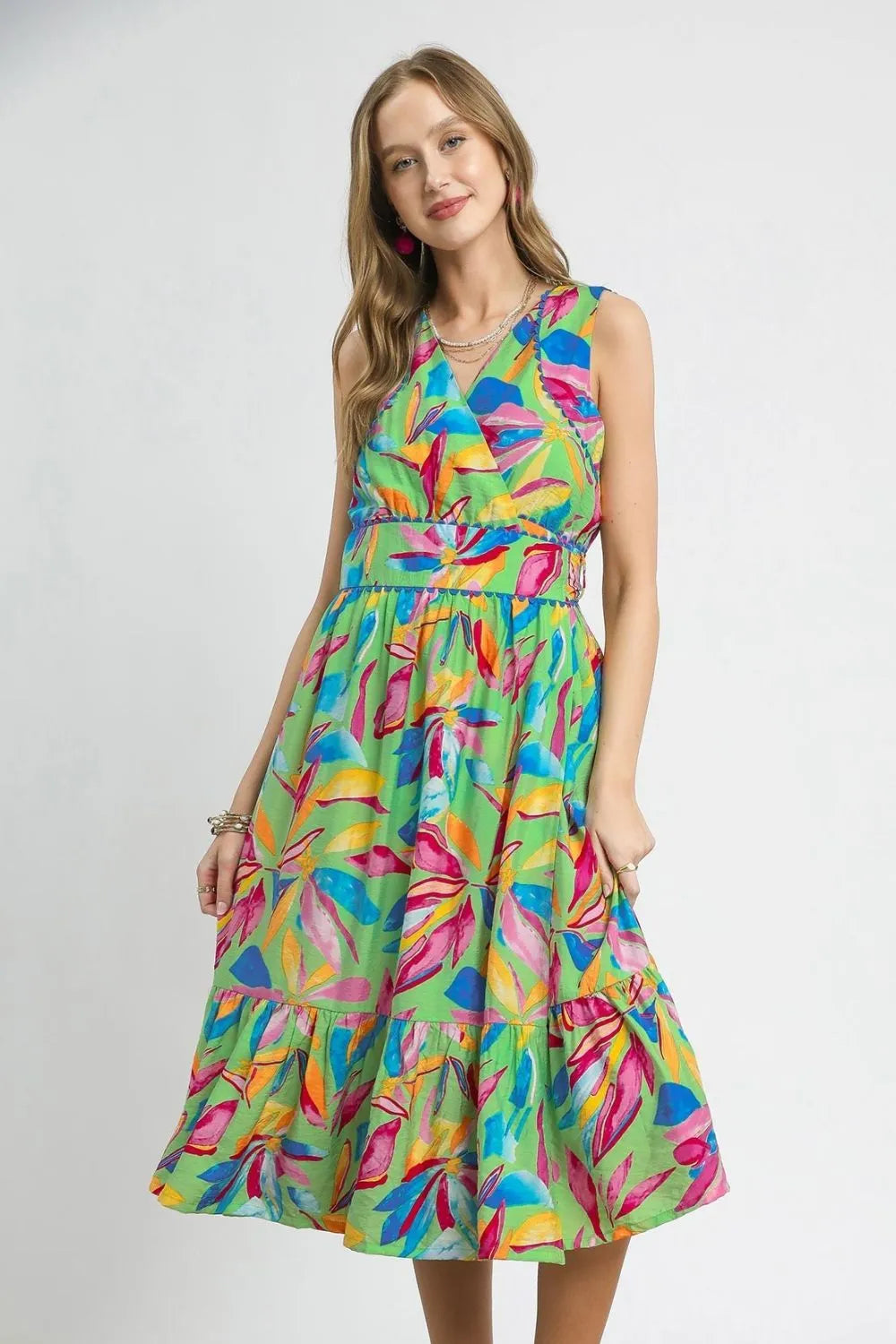 Pear Daisy Umgee sleeveless printed midi dress with ruffled hem, perfect for casual home and garden wear.