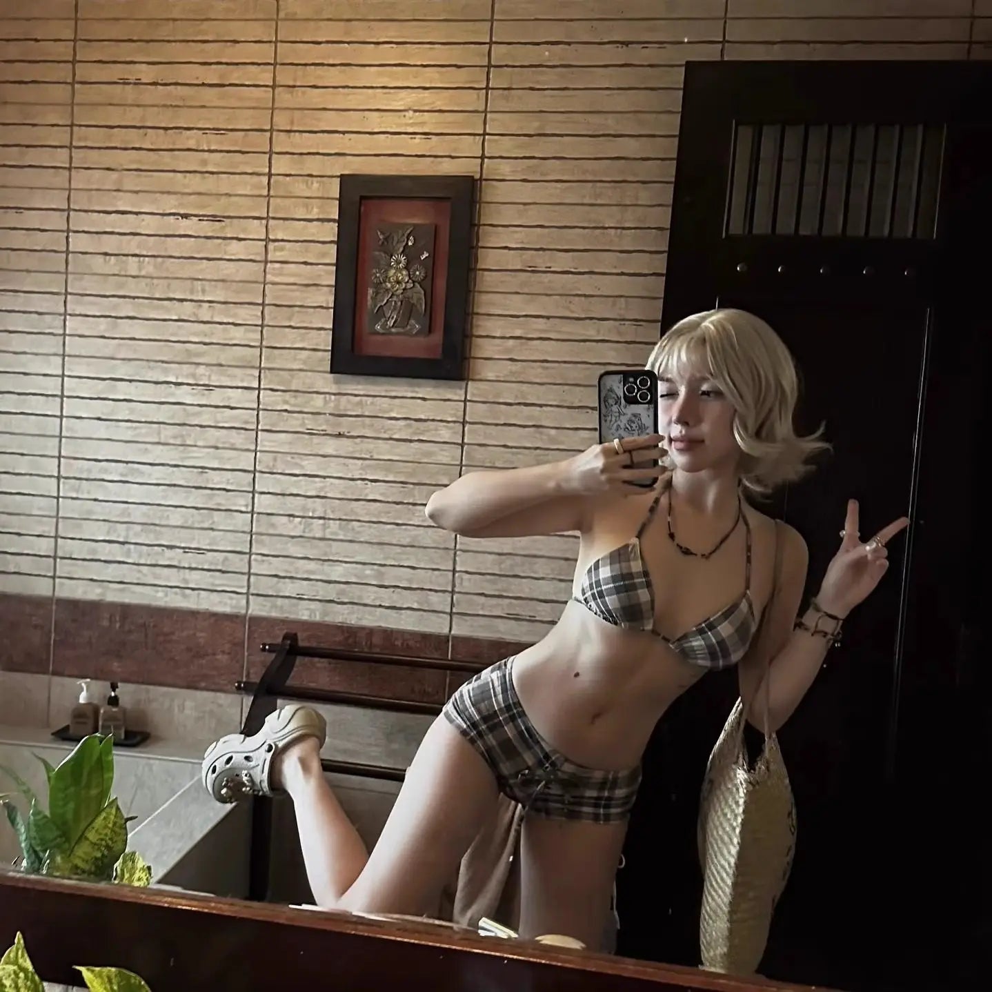 Start2Finish plaid bikini swimsuit with strapless design, suitable for beach, hot spring, and fitness activities.