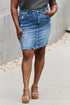 Jade Icarus RISEN Amelia full size denim mini skirt displayed on a mannequin, showcasing classic denim design and fit.
