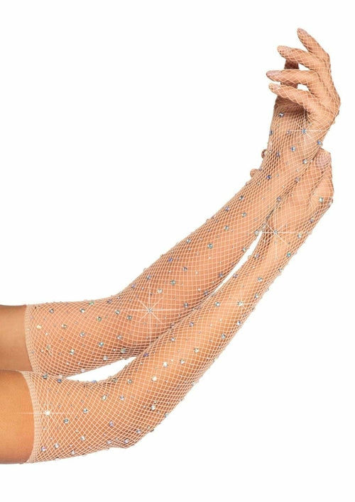 Nude rhinestone fishnet long gloves from Viridian Leto, showcasing their shimmering fishnet design and elegant fit.