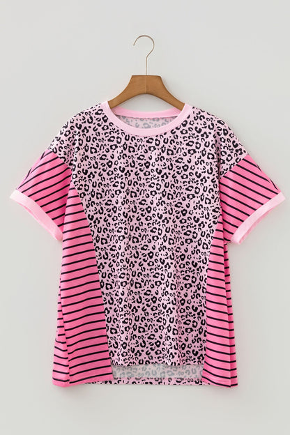 Plus size leopard and stripe contrast patchwork tee for women by Byzantium Bay, featuring bold animal print and mixed fabric design.