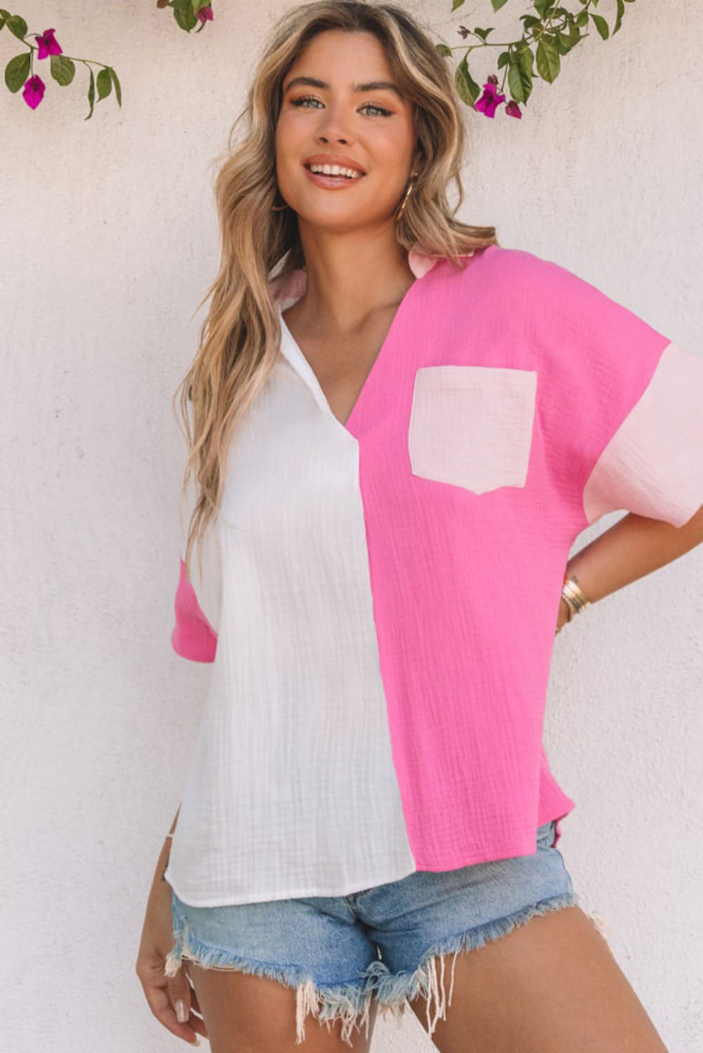 Carmine Juneberry rose-colored collared neck color block polo shirt for women, featuring contrast panels and short sleeves.