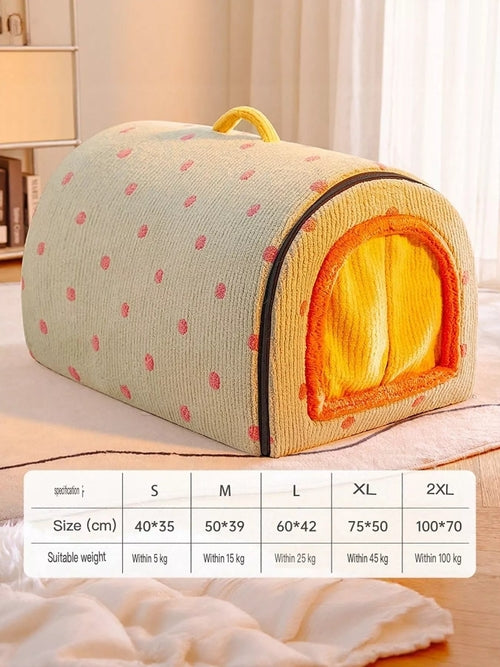 Pear Daisy cozy polka dot pet bed cave with handle, soft interior and sturdy fabric, perfect for small pets to rest comfortably.