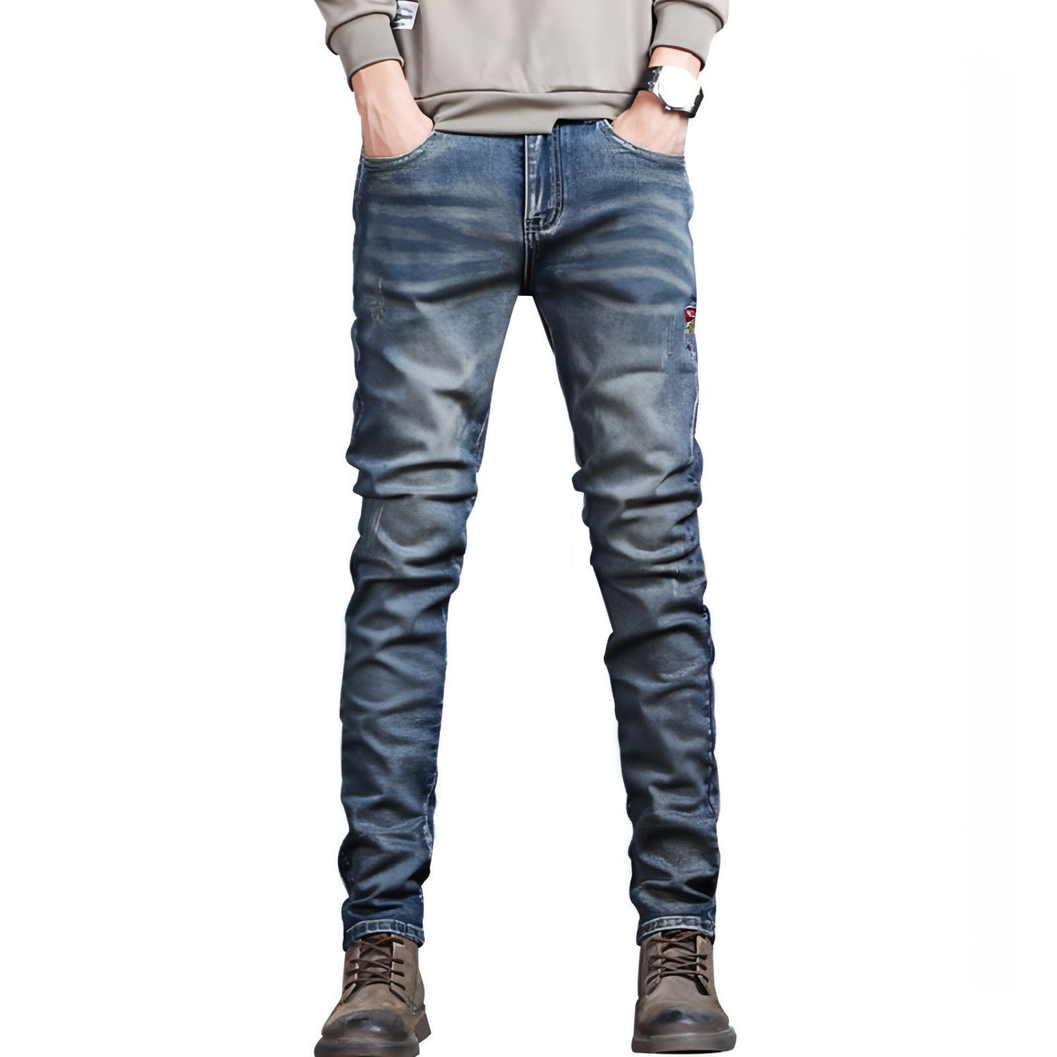 Youth retro embroidered denim pants for men by Carmine Juneberry, featuring classic blue denim with colorful embroidery details.