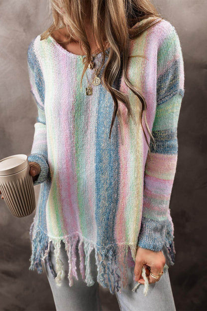 Purple color block fringed drop shoulder sweater by Carmine Juneberry, featuring a cozy, stylish design with fringe details.