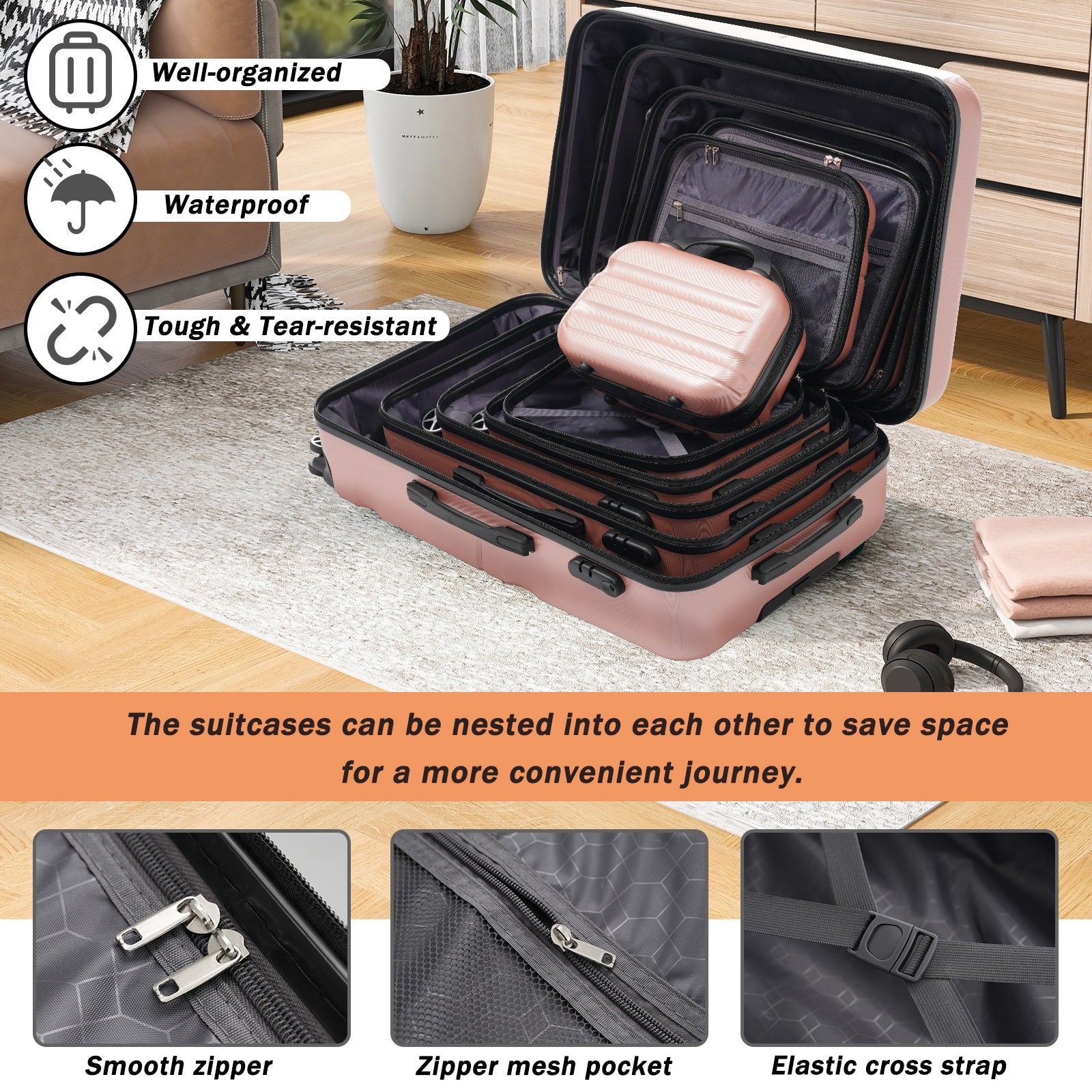 Lightweight Sangria Beech hardshell ABS luggage set with durable suitcases featuring dual wheels and secure zippers.