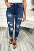Dark blue leopard patch distressed skinny jeans for women by Jade, featuring a stylish leopard print and ripped details.