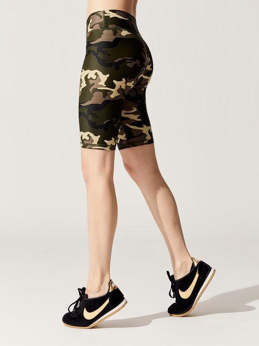 Sky Felix camo spin short shorts displayed on a model, featuring a camouflage pattern and casual fit.