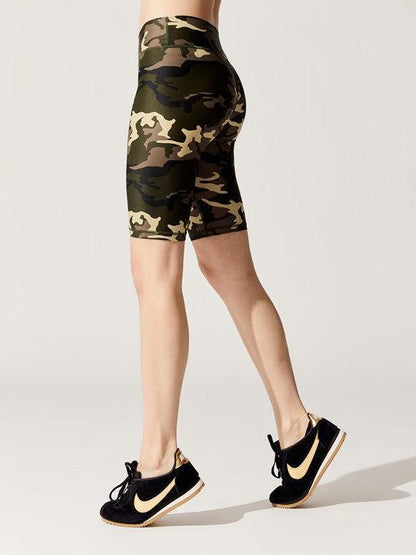 Sky Felix camo spin short shorts displayed on a model, featuring a camouflage pattern and casual fit.