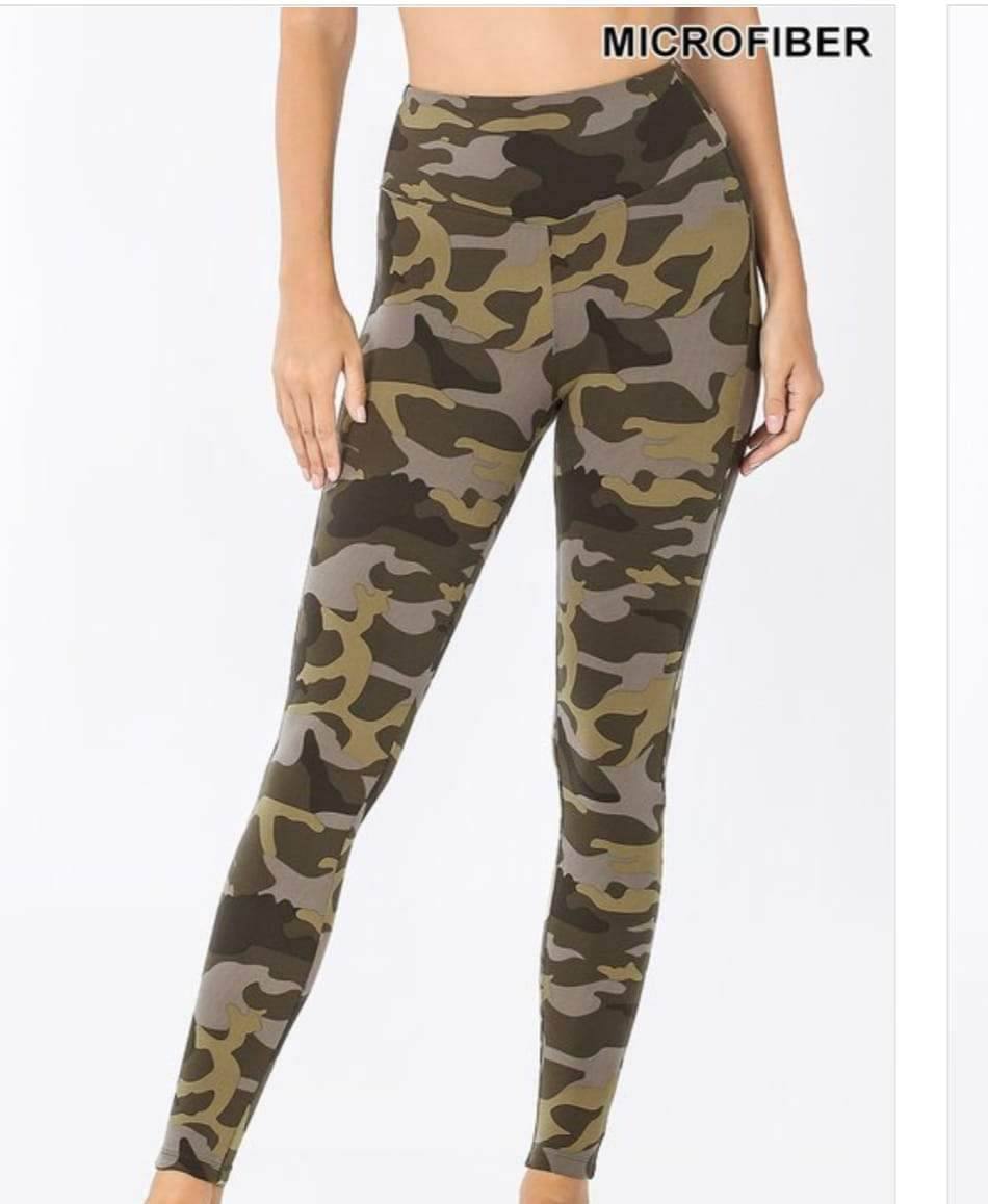 Buttery soft camo leggings for women by Ochre Ismene, showing the stylish camouflage pattern and comfortable fit.