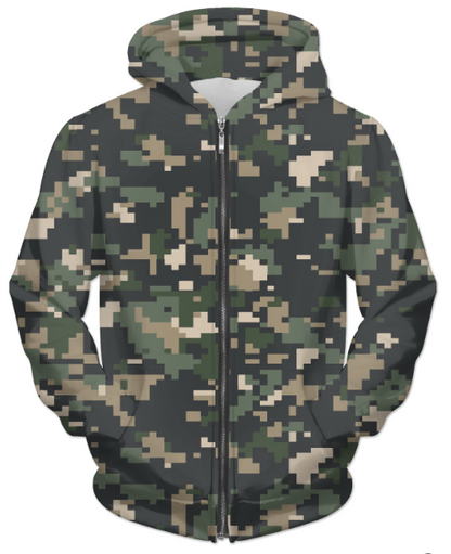 Scorpius Camofludge 8 unisex zip hoodie with camouflage pattern and front zipper, casual sweater for men and women.