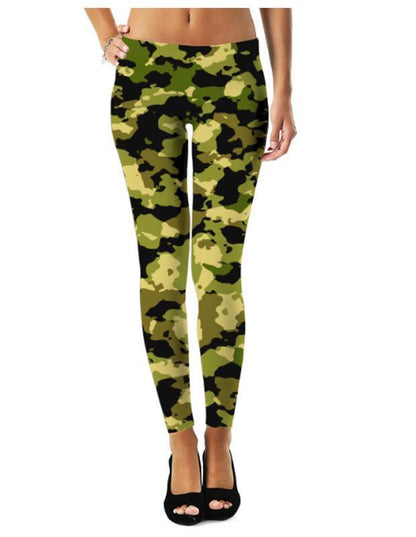Camouflage leggings by Sky Felix, featuring a green and brown military-style camouflage pattern and fitted design.