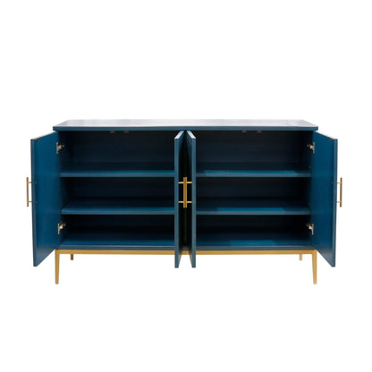 Canvello Edgar Teal Sideboard, 4 Doors, 6 Shelf &amp; Gold Polished Metal Frame
