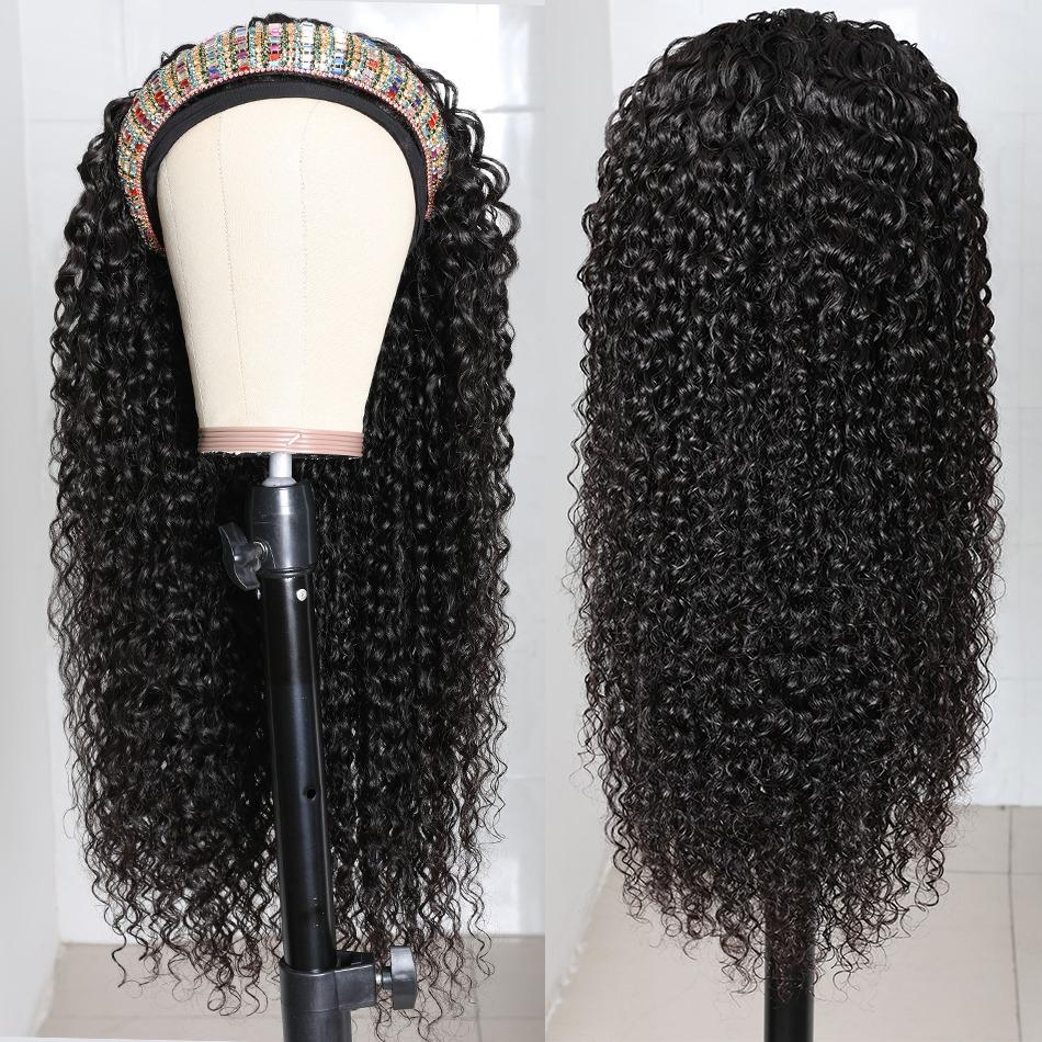 Cerise Alfie headband wig with Jerry curl human hair, no glue, easy wear, featuring a stylish scarf and natural-looking curls.
