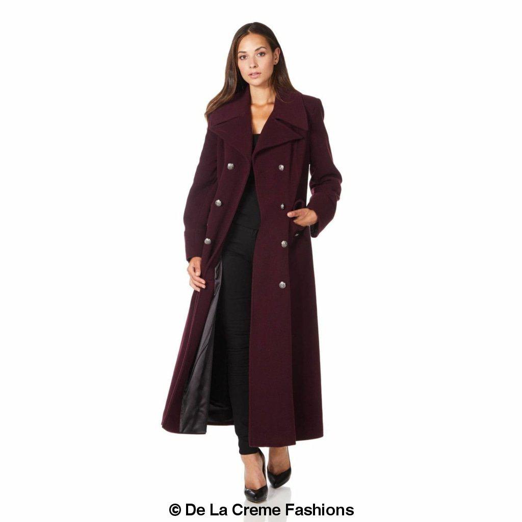 Carmelle wool blend double-breasted maxi coat by Rose Eleusis, shown in a full-length view with tailored lapels and a classic silhouette.