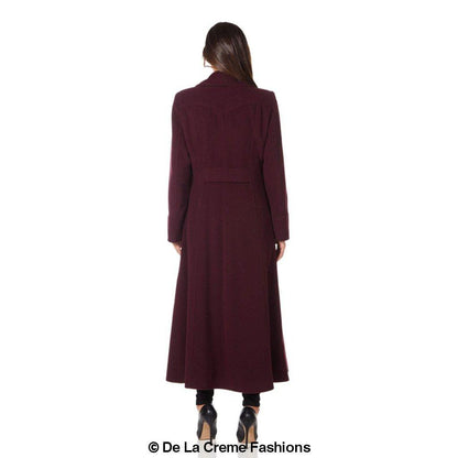 Rose Eleusis wool blend double-breasted maxi coat, long jacket with wide lapels and button closure, in a soft neutral color.