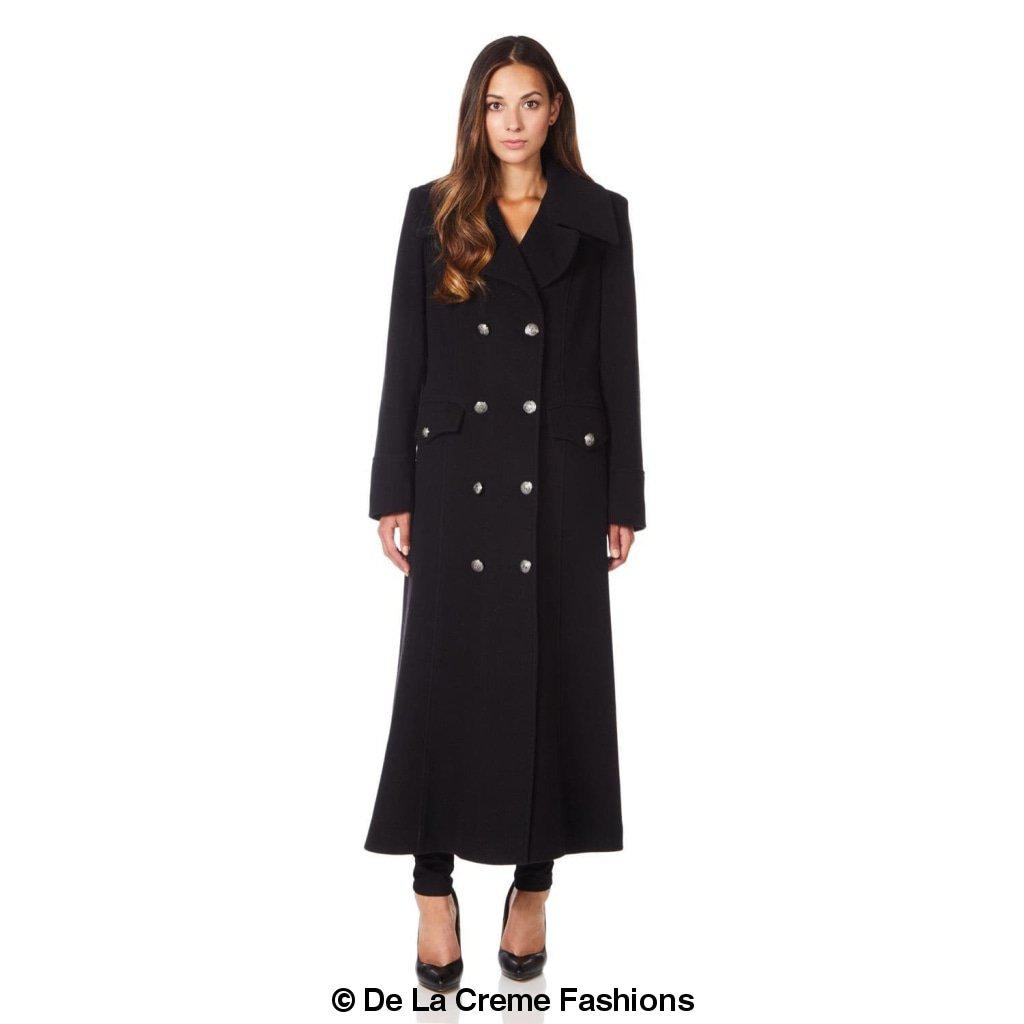 Rose Eleusis wool blend double-breasted maxi coat hanging on a rack, showcasing its classic design and tailored fit.