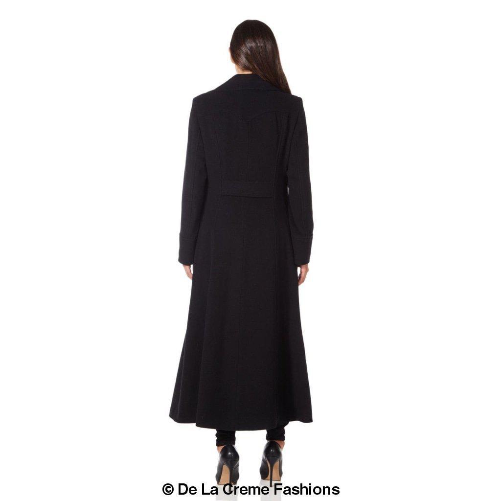 Rose Eleusis wool blend double-breasted maxi coat in camel color, stylish long jacket with wide lapels and button details.
