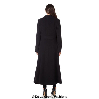 Rose Eleusis wool blend double-breasted maxi coat in camel color, stylish long jacket with wide lapels and button details.