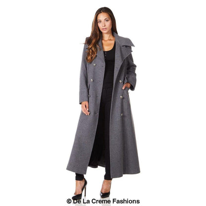 Rose Eleusis wool blend double-breasted maxi coat in camel color, full-length jacket with wide lapels and button closures.