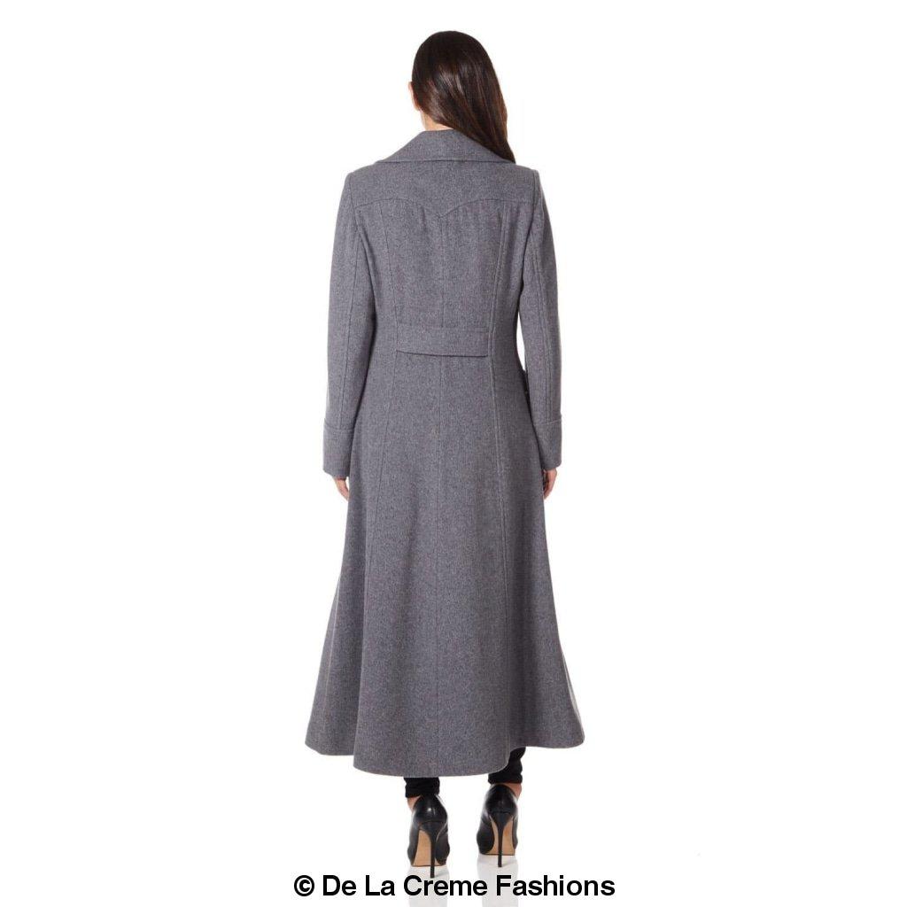 Carmelle wool blend double-breasted maxi coat by Rose Eleusis, shown hanging on a rack with a tailored fit and classic design.