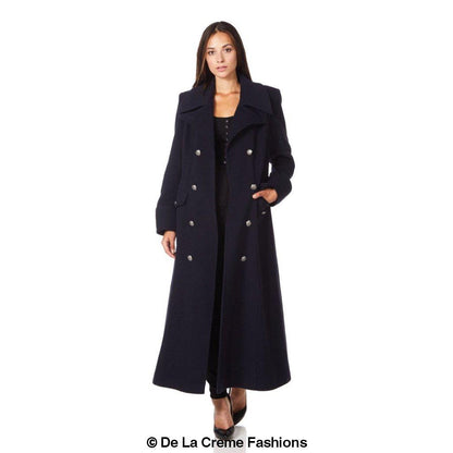 Rose Eleusis wool blend double-breasted maxi coat displayed on a hanger, featuring a classic design and tailored fit.