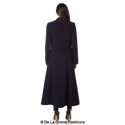 Rose Eleusis wool blend double-breasted maxi coat displayed on a model, showcasing its elegant long coat design and classic style.