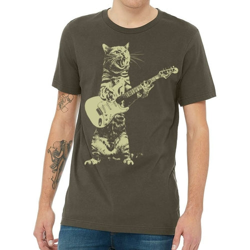 Cat playing guitar T-shirt by Indigo Tiger, featuring a cute cat strumming a guitar on a stylish design.