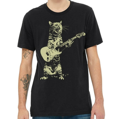 Black T-shirt featuring a playful cat illustration playing guitar from Indigo Tiger, designed for cat lovers and music fans.