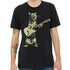 Black T-shirt featuring a playful cat illustration playing guitar from Indigo Tiger, designed for cat lovers and music fans.