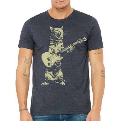 Men’s navy T-shirt by Indigo Tiger featuring a playful cat illustration of a cat playing guitar.